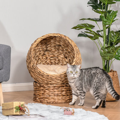 Handmade Elevated Cat Bed, Soft Cushion & Rotatable Basket, Indoor Feline Enchanting Area, 24" H, Brown Handwoven Bed With Cushion, Rotating Structure, For Cats,