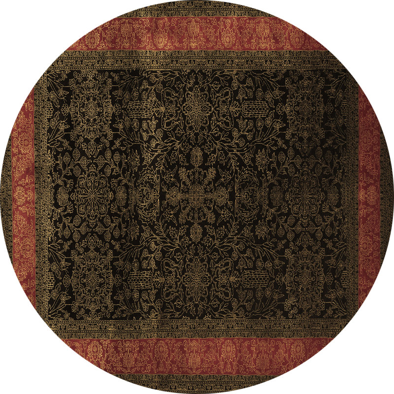 Tapis rond brun / rouge en laine et polyester tissé à la machine 8 pi Oriental