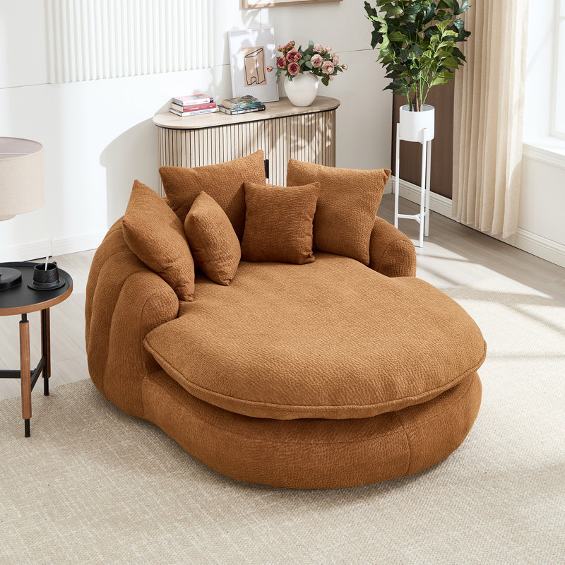 53" Chenille Barrel Chair, Oversized Round Chaise Lounge Single Sofa Chair With Pillows, Brown