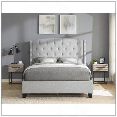 1Pc King Size Upholstered Panel Bed Button Tufted Nail Head Dove Gray Wood Fabric Bedroom Furniture