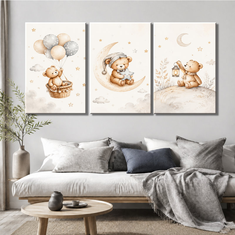 Tableau en trois panneaux, aquarelle, ours en peluche, lune et étoiles, impression sur toile tendue pour salon