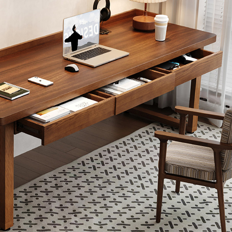Bureau rectangulaire à 3 tiroirs en bois massif de couleur noyer clair, H 29,53 po x l 78,74 po x P 27,56 po