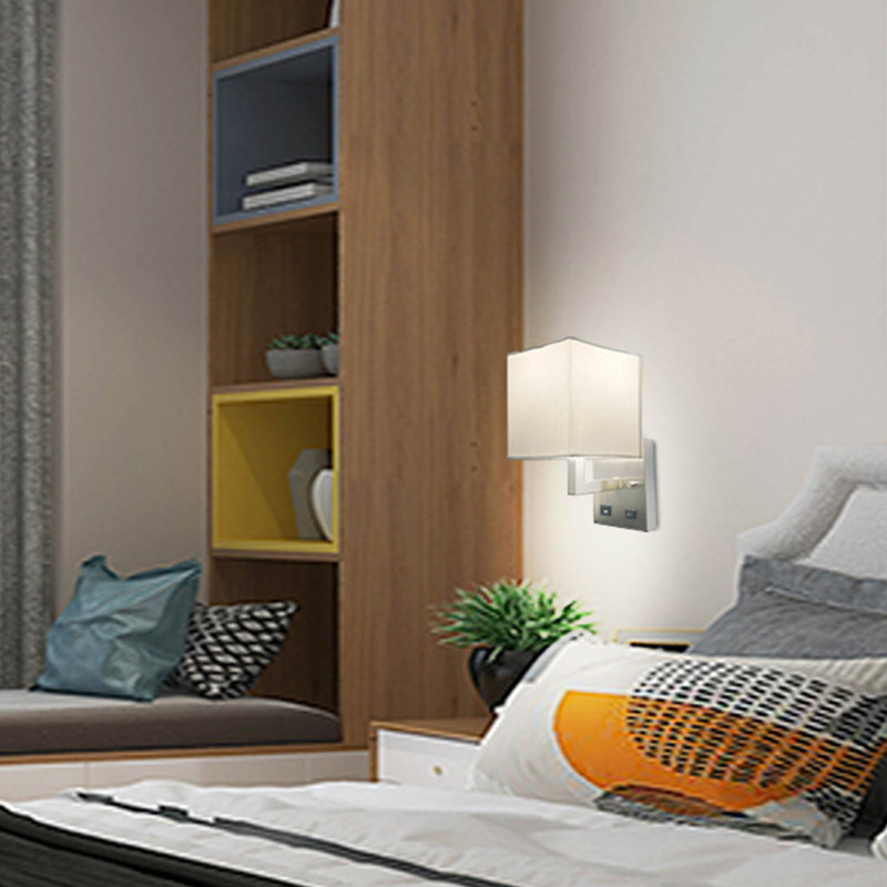 LED Wall Sconce, Rectangular Design with E26 Bulb, Brushed Nickel Finish, USB Port & Fabric Shade, Easy Installation