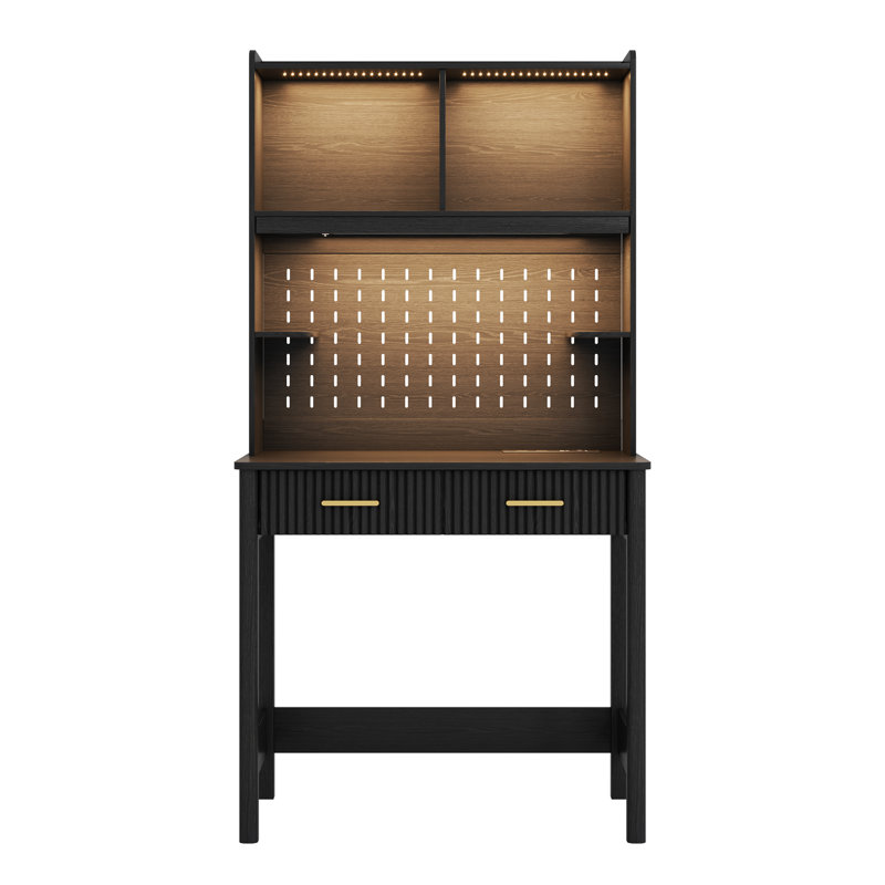 Bureau d'ordinateur moderne avec huche, éclairage à DEL tricolore et organisateur de panneau perforé - Bureau d'étude avec tiroir et tablettes de rangement