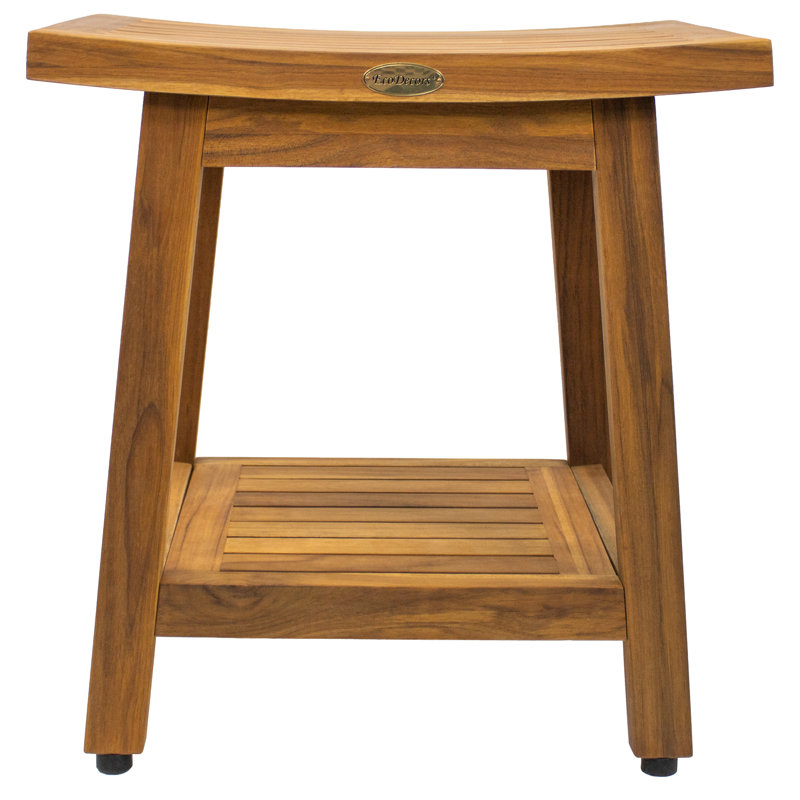 EcoDecors Eleganto Gold Teak Bench for Shower 18 Inch, Waterproof Teak Wood Shower Bench - Bath Seat with Shelf, 300 lb Capacity, Slip Resistant Feet, Compact Fit for Small Bathrooms
