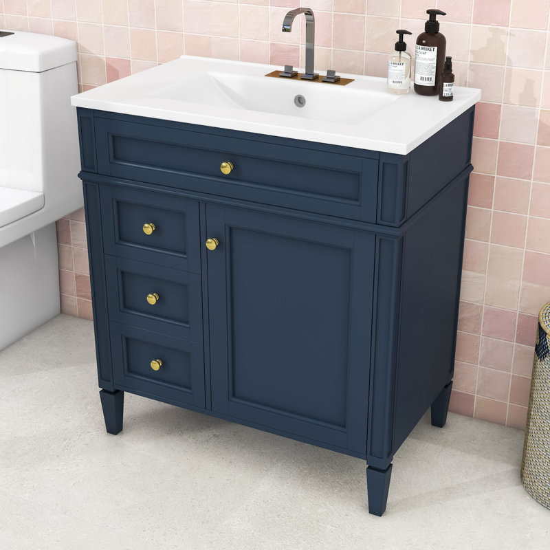 Meuble-lavabo de 30 pouces avec plateau en céramique, porte à fermeture douce et 3 tiroirs, Marine