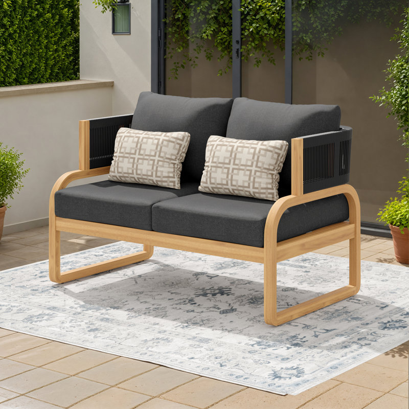 Causeuse d'extérieur en acacia avec coussins, Structure brune / coussin en carbone Sunbrella Spe