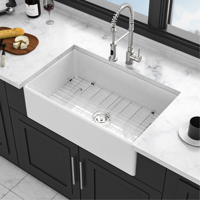 Évier de cuisine 33 po x 18 po à simple cuve en céramique blanche réversible 33 po x 18 po pour des tâches pratiques en porcelaine