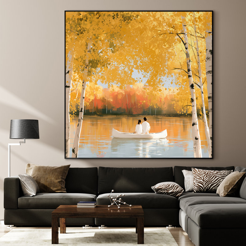 Extra Large Wall Art Fabric Print - Golden Autumn Forest Lake with Birch Trees and Couple in Canoe Nature Scene Decor for Living Room or Bedroom "Frame Assembly Required (Unfinished Frame)"