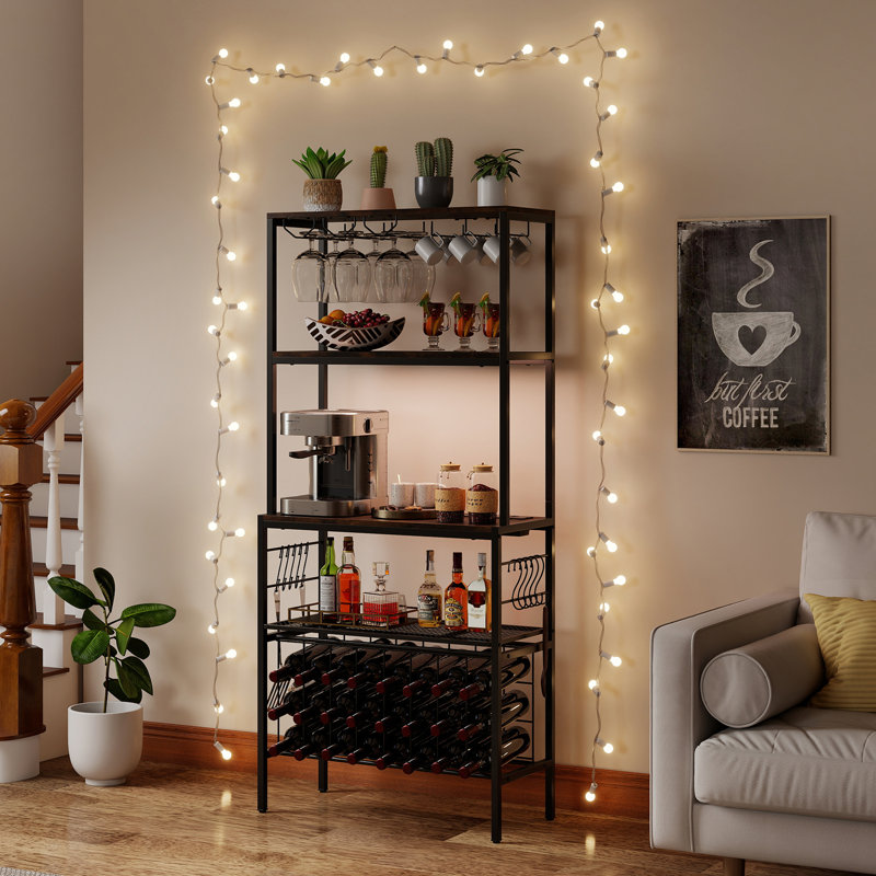 Wine Organizer Bar Multi-Tier Bakers Rack With Power Outlet-Brown