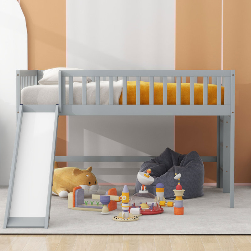 Low Loft Bed With Slide, Gray, Full