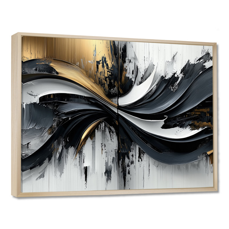 Goldern Black Shifting Ink Waters II - Art mural moderne transitionnel abstrait, H 16 po x l 32 po, Cadre flottant
