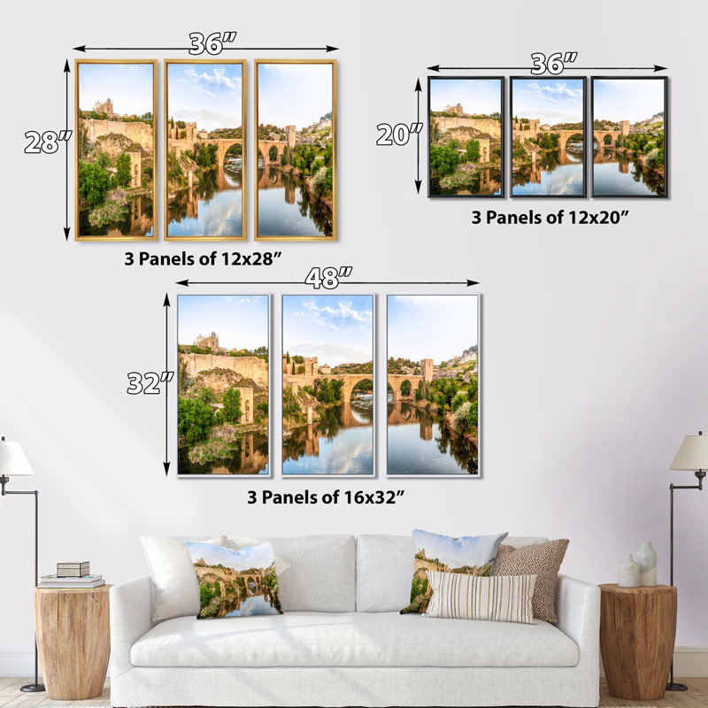 Paysage de pont de Tolède en Espagne - photographie flottante sur toile 3 pièces, L 36 po x H 20 po, Cadre noir