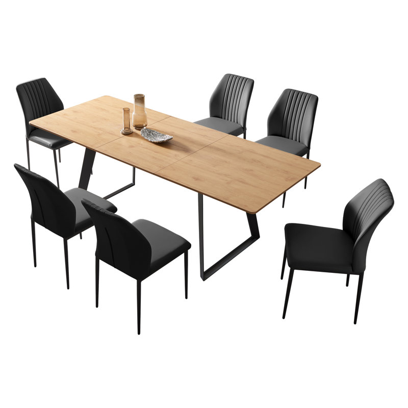 Modern Kitchen Dining Set, 51'' to 67'' Extendable Dining Table with 32"H Upholstered Dining Chairs(1Table 6Chairs), Black