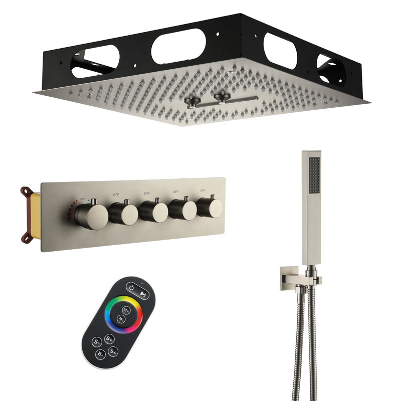Brushed Nickel Dual Head LED Ceiling Mounted Rain Shower System
