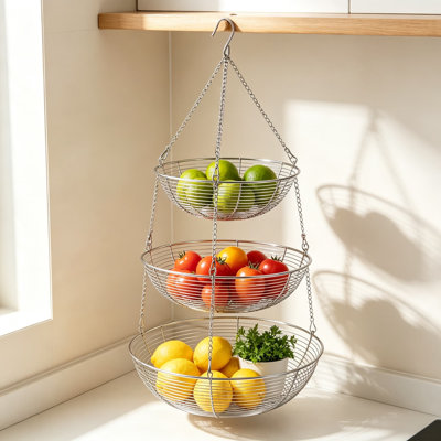 Woven Wire Hanging Basket, Three Tier Chrome Storage Organizer for Kitchen, Bathroom, and Laundry Room