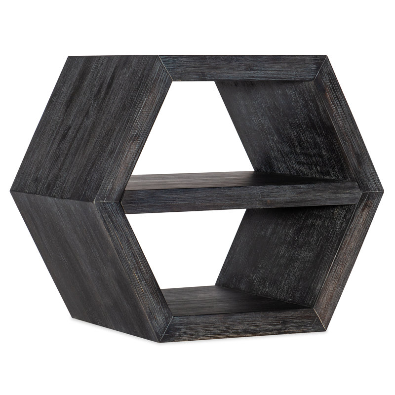 Hexagonal Dark Wood End Table with Stone Accents