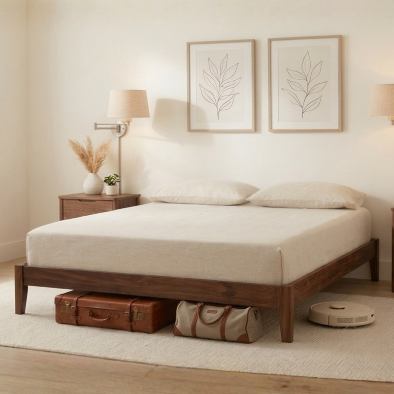 Woodmere Premium King Bed Frame, Solid Wood Platform Bed, Wood Slat Support, Tapered Solid Wood Legs, No Box Spring Needed, Mid-Century Modern Style, Easy Assembly (Walnut)