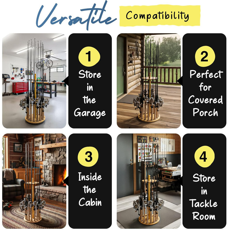 Support rond de 16 cannes à pêche - Comprend un poteau en bois fabriqué à la main traditionnel - sans outil, stratifié à grain de bois