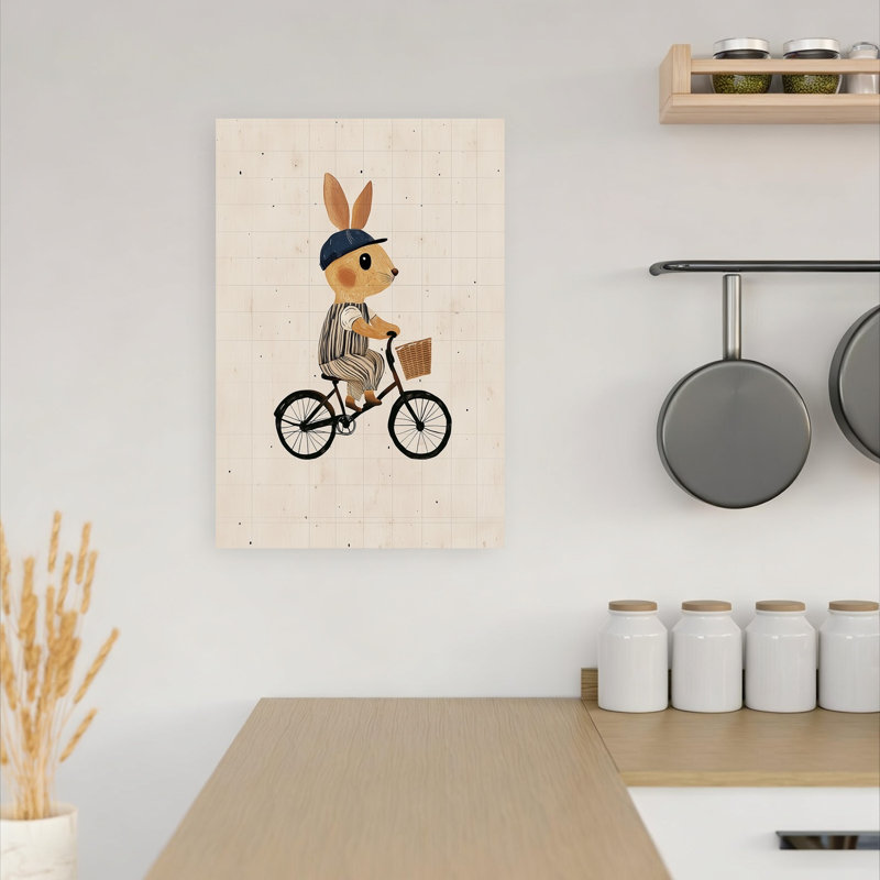 Bunny On A Bicycle Playful Whimsical Contemporary Rabbit Summer Forest Wall Art Print 1 Piece Wrapped Canvas Wall Art