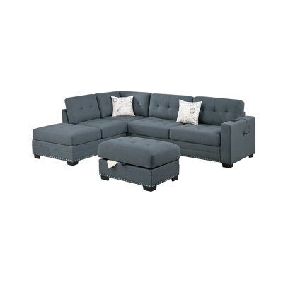 Living Room L-Shaped Sectional W Ottoman 3Pc Set Dark Gray Fabric Tufted Upholstered Sofa Couch Nailheads Pillows