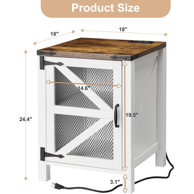 Table de chevet avec station de charge Farmhouse, table de chevet 18 po avec porte grillagée et tablette réglable, table d'appoint rustique pour salon de chambre à coucher, blanc
