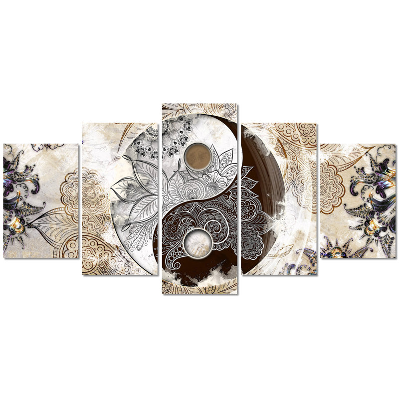 Ying Yang Abstracts Zen Beig Red - 5 Piece No Frame Print on Canvas, Beige/Brown
