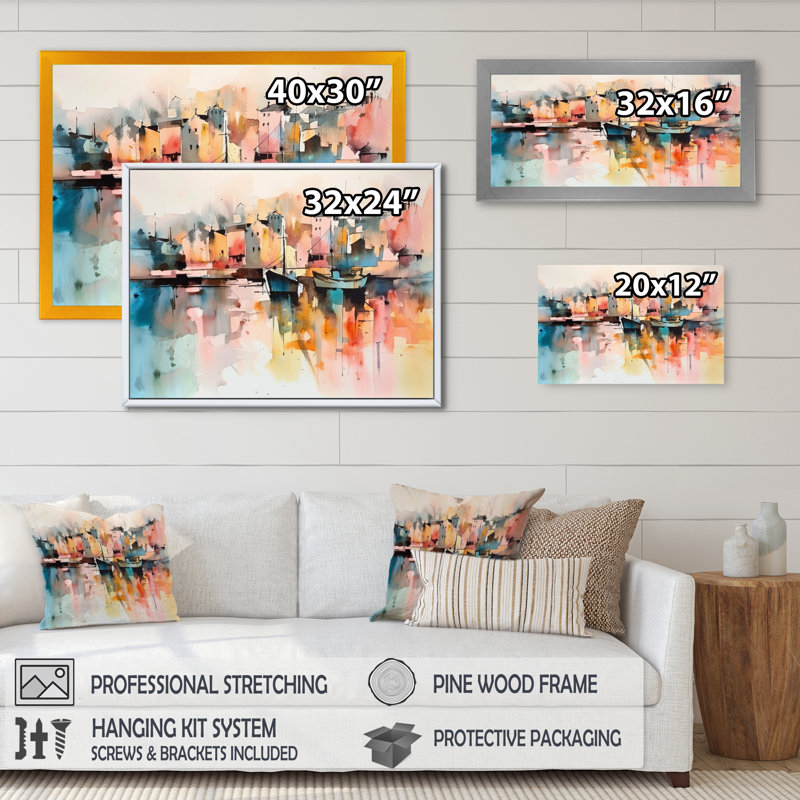 «Orange and Yellow Harbor Reflections», reproduction sur toile encadrée, Or, H 30 po x l 40 po x P 1,5 po