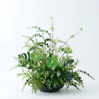 Artificial Greenery Arrangement In Matte Black Vase, Faux Tropical Plant Centerpiece With Anthurium & Ferns For Dining Table, Living Room Decor