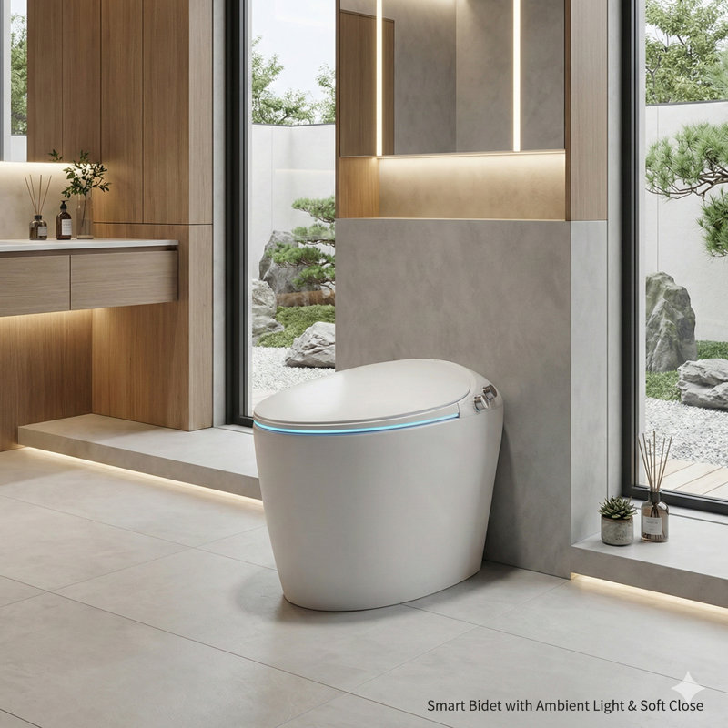 Advanced one-piece smart toilet with an integrated bidet system, designed for contemporary bathrooms, includes automated lid opening/closing, foot-sensor activation, LED status display, nightlight, warm water washing and dryer functions, in white.
