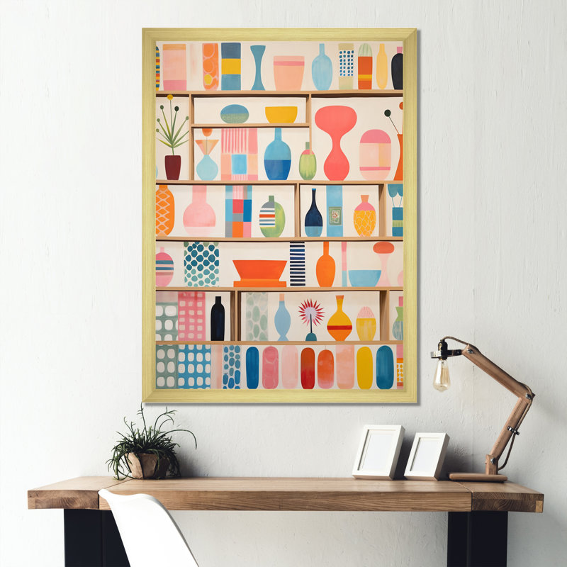 «Pink Mid Century Playful Patterns IV», reproduction d'art sur toile abstraite, H 32 po x l 24 po x P 1 po, Gold