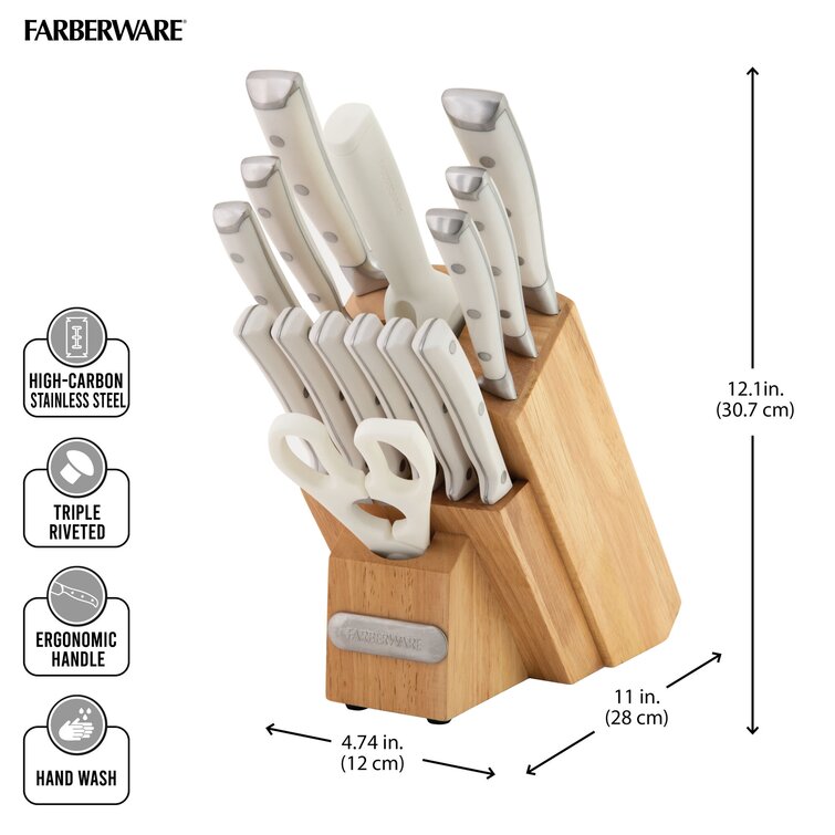 farberware + 15-Piece Triple Riveted Acacia Knife Block Set, Blush