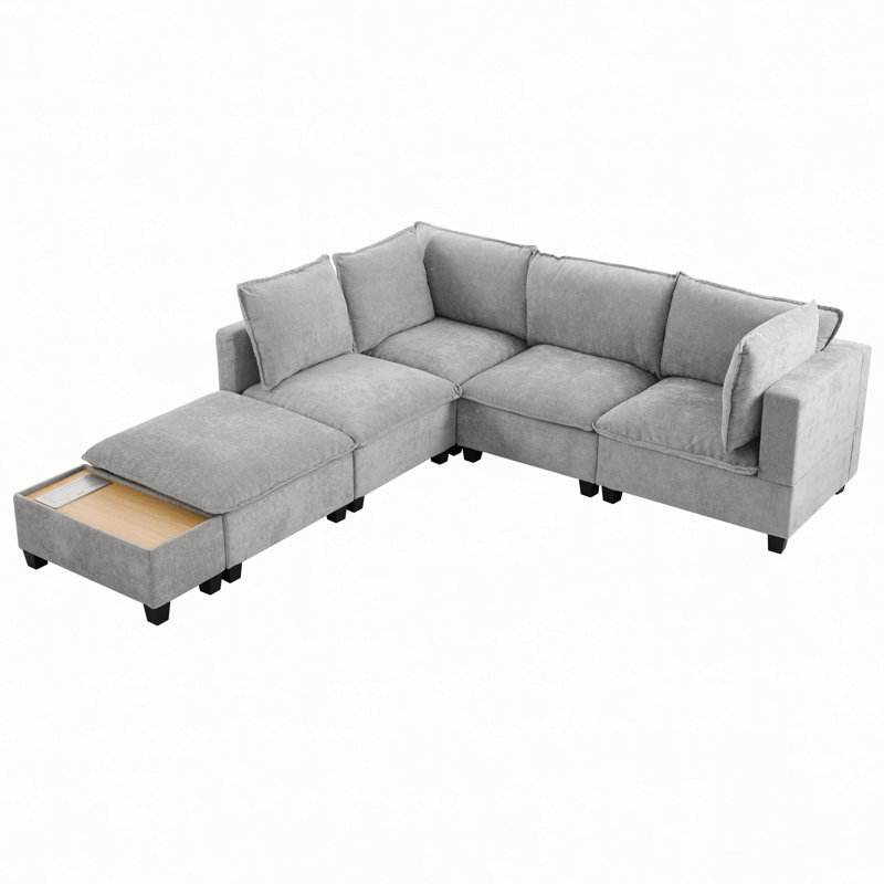 90" U-shaped Sectional Sofa Modular Sofa Couch with a Movable Ottoman , a Coffee Table with Hidden Charging Devices for Living Room