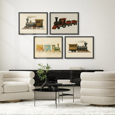 Vintage Train Framed Wall Art Prints Set of 4 - Classic Steam Locomotive Artwork for Kids Room Playroom