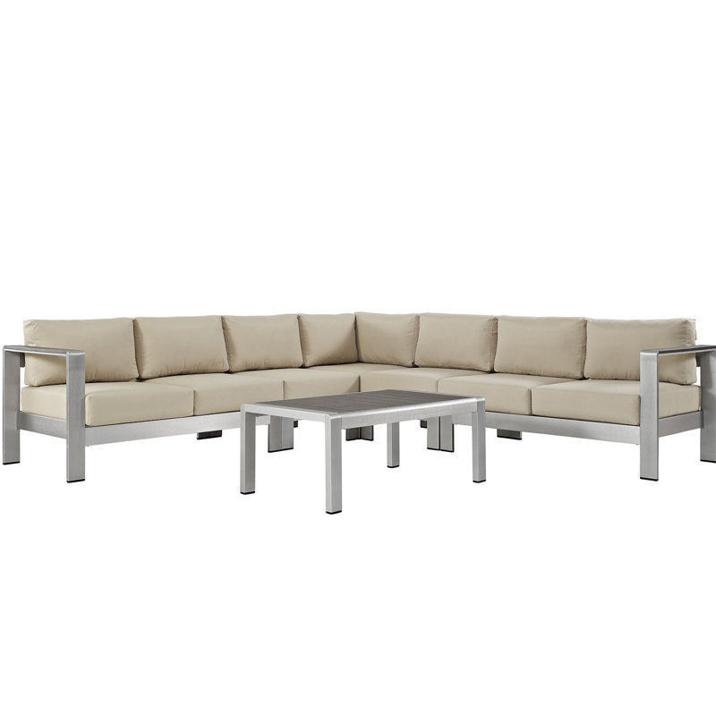 Shore 6 Piece Outdoor Patio Aluminum Sectional Sofa Set, Beige Sunbrella®