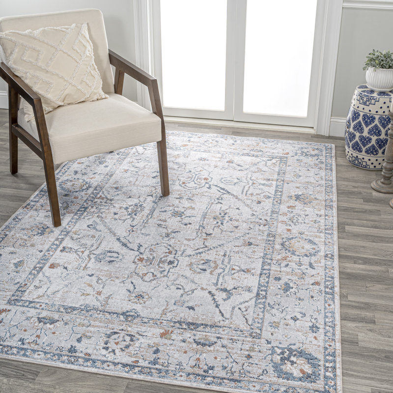 Brandy Rustic Border Low-Pile Machine-Washable Light Gray/Blue Rug, Rectangle 7'10" x 10'