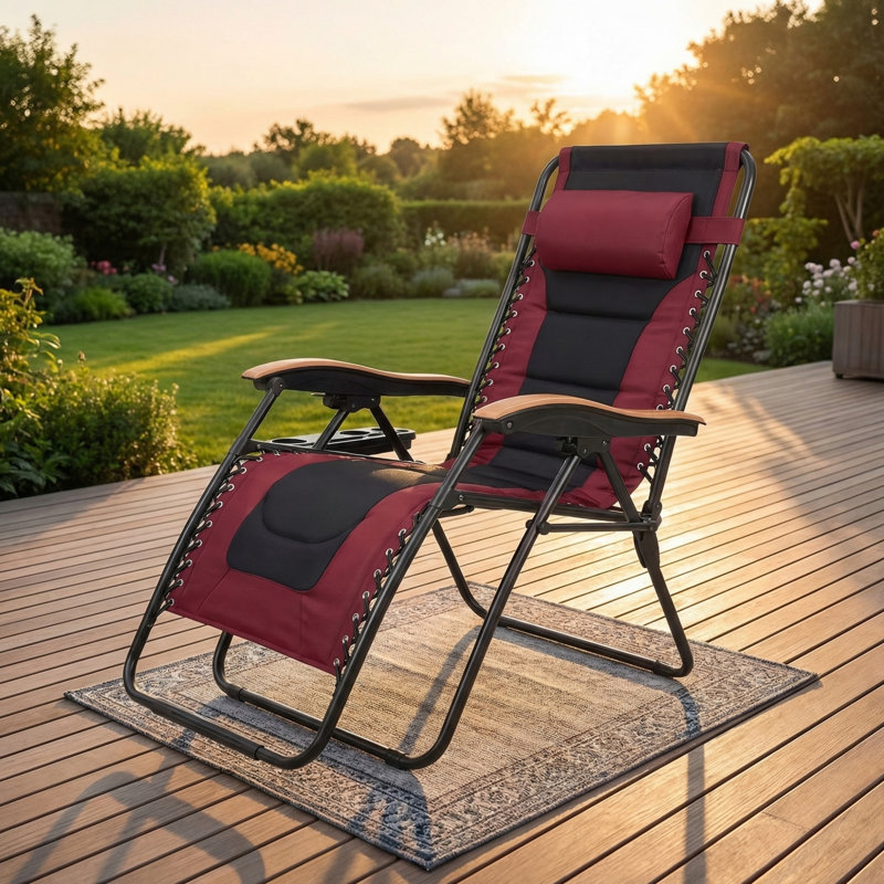 Extra-Large Thickened Zero-Gravity Chair, Foldable Patio Lounge Chair, 30-Inch Wide Seat Anti-Gravity Lounger With Cup Holders, Red 
