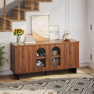 Mid-Century Modern TV Stand with Storage, TV Console Table with Glass Doors for Living Room