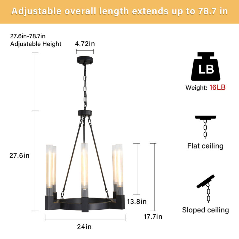 Lustre rond pour îlot de cuisine noir à 6 lumières Jeitt, Noir mat