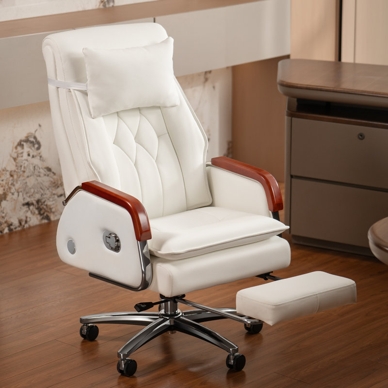 Fauteuil de bureau Kinnls Cameron avec ventilation chauffée, fauteuils de direction pour cadres entièrement inclinables avec repose-pieds rétractable, appui-tête ergonomique en cuir véritable pour fauteuil de direction (blanc)