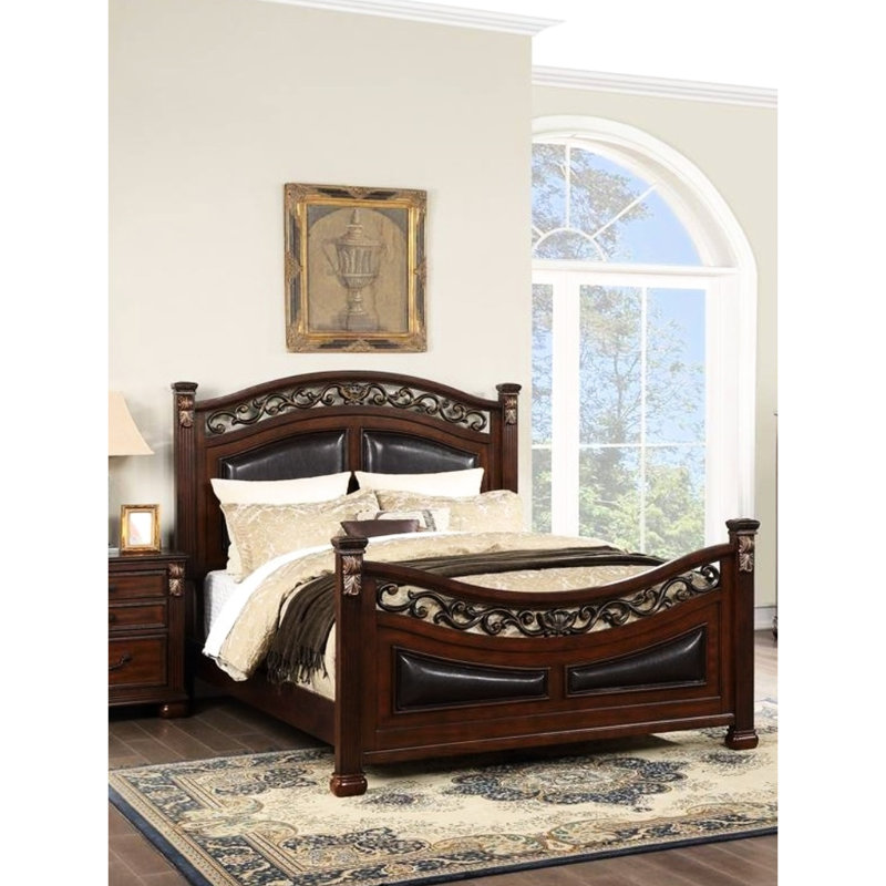 Très grand lit traditionnel en cerisier foncé avec tête de lit rembourrée et similicuir en panneau de particules, assemblage simple requis