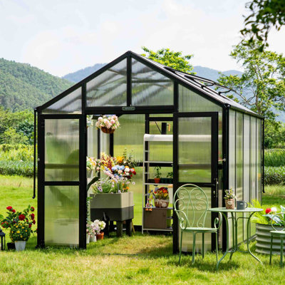 Victorian 8.5ft Wide Outdoor Metal Greenhouse with Glass Walls and Polycarbonate Roof