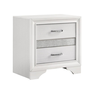 Table de chevet blanche pour chambre à coucher avec 2 tiroirs - poignées en strass, table de chevet à rayures scintillantes, poignées ajoutent du glamour, paillettes