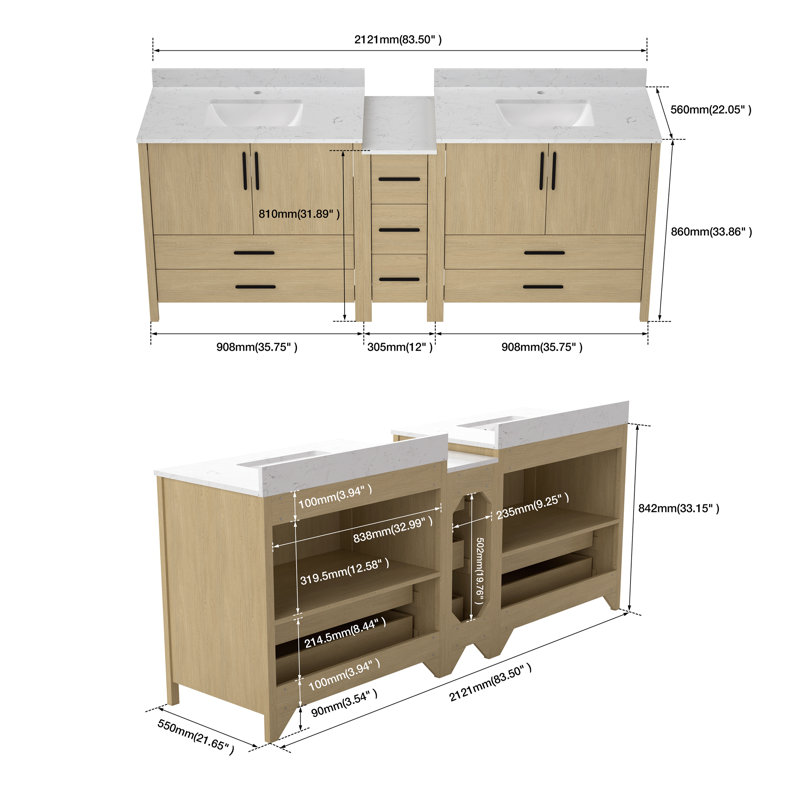 Meuble-lavabo double avec comptoir blanc, 84"