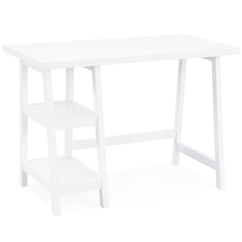 White Desk With Storage Compartment - Broad Desktop, 2 Open Shelves, Manufacturing, Solid Rubberwood Leg Base, 42" X 24" 30", 1.18" Thick Contemporary Wood Spacious Top, Quality Surface, Frame, 42"w