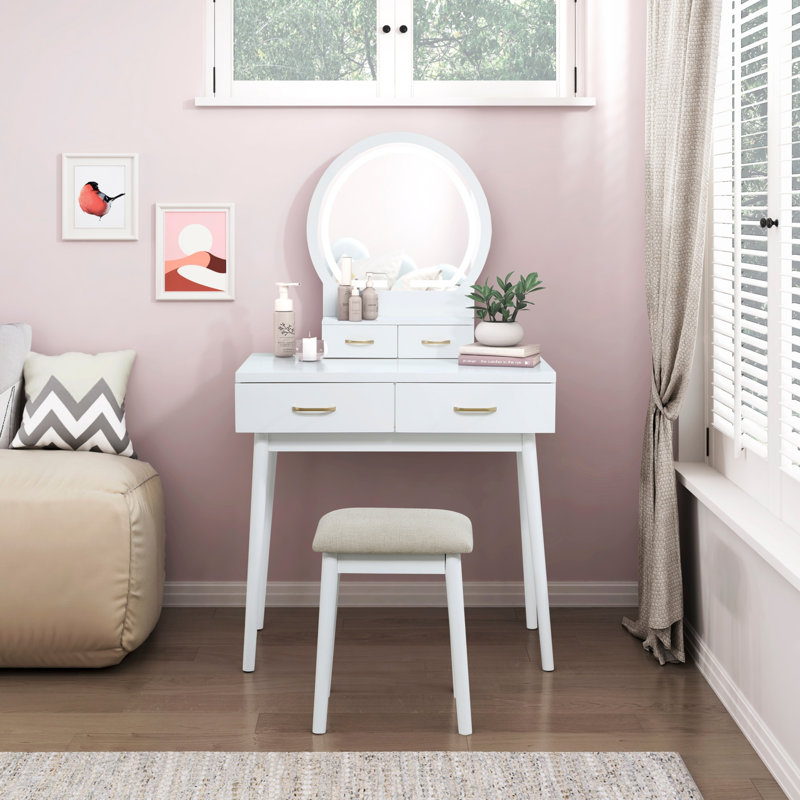 White Vanity Dresser With Mirror, Stool, Storage Drawers, And LED Light Set | Gift Idea, White