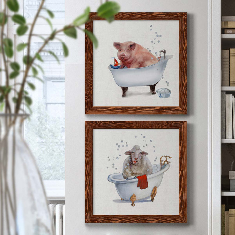 «Farm Tub Pig», ensemble de 2 peintures sur toile encadrées, Érable encadré, H 17 po x l 34 po x P 1,5 po