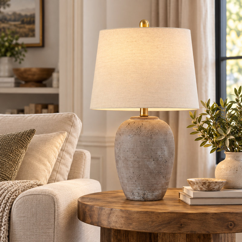 Lampe de table rustique en céramique, 58 cm, tons gris-brun terreux, style ferme