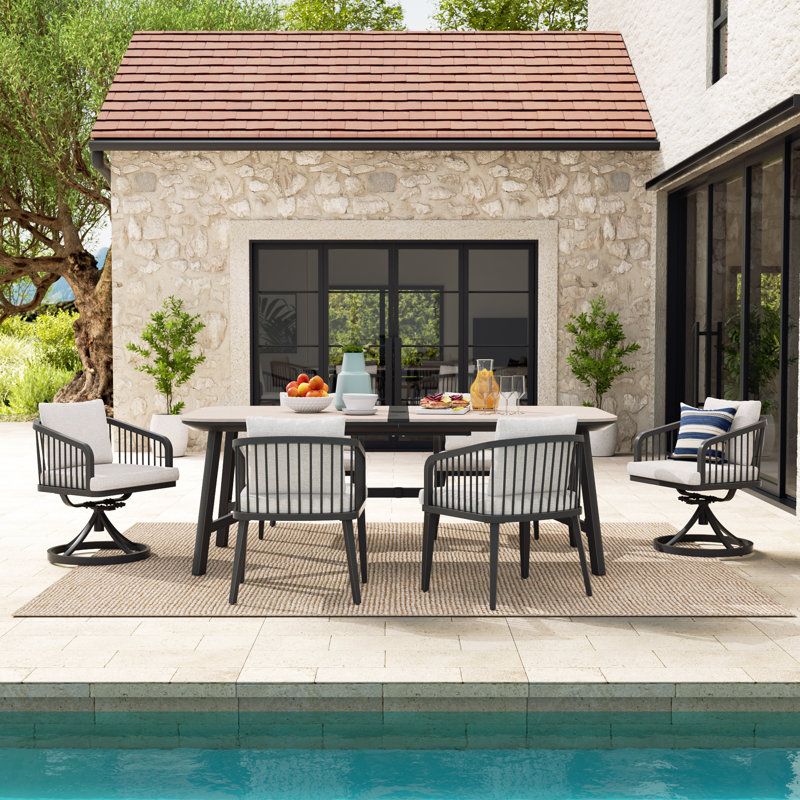 Barnesville Patio 6 Person Rectangular Dining Set With Aluminum Honeycomb Composite Ceramic Tabletop And Aluminum Dining Chairs