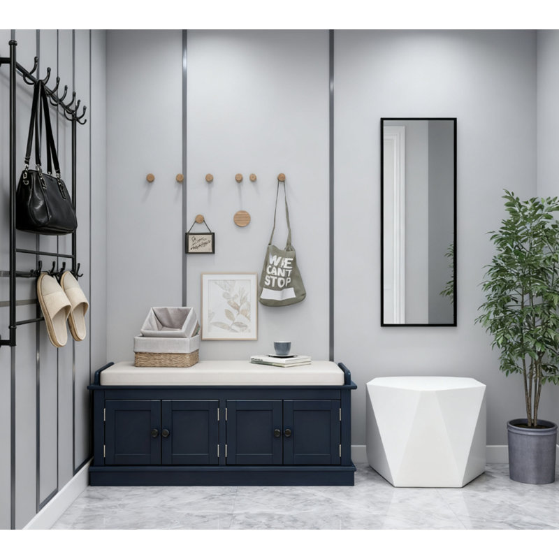 Elegant Storage Bench Entryway Bench Upholstered Bench with 4 Doors and Adjustable Shelves, Navy